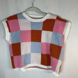Womens Knit Sweater Vest Size S Colorblock Checkered Pink Blue Rust Cream